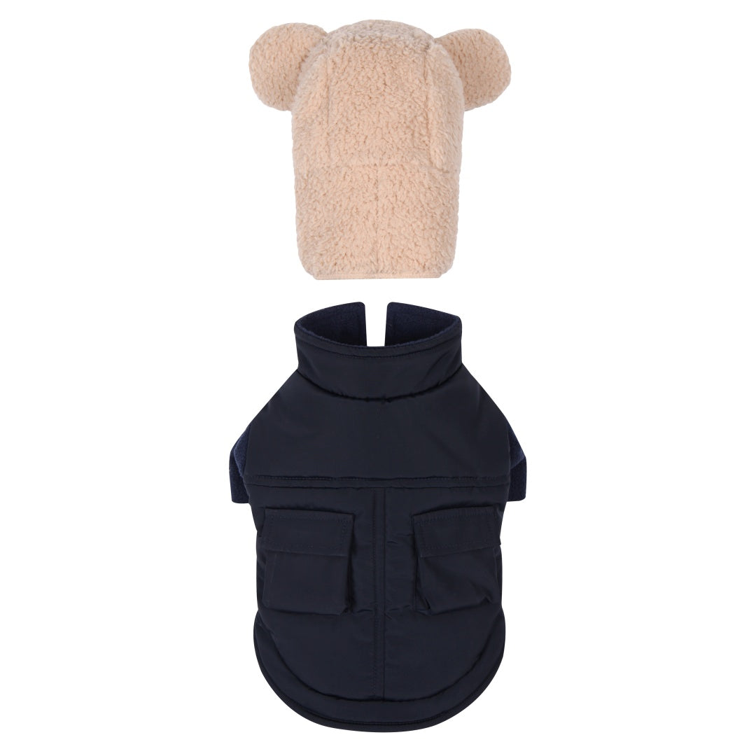 Teddy Bear Pocket Padded Coat - Navy