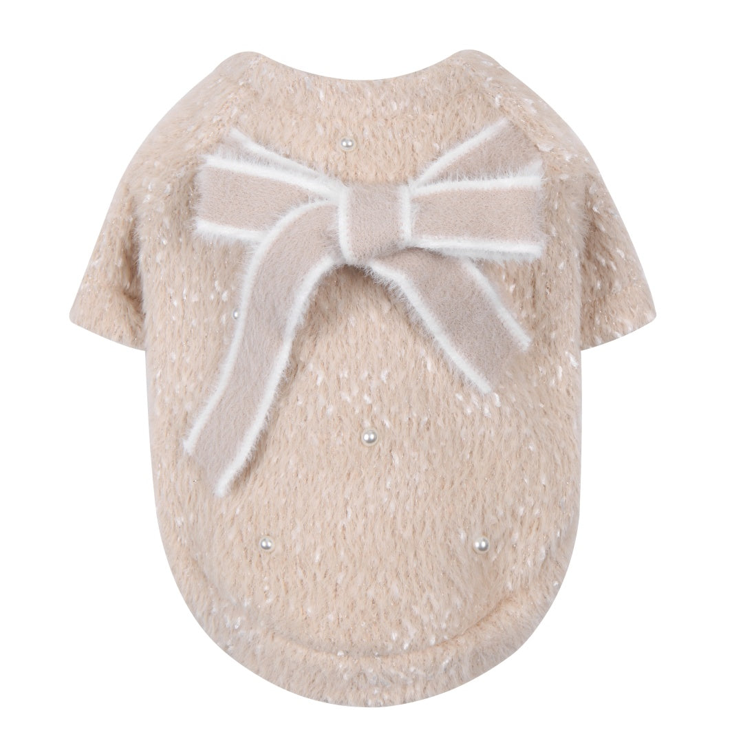 Ribbon Knit Sweater with pearl decoration - Beige