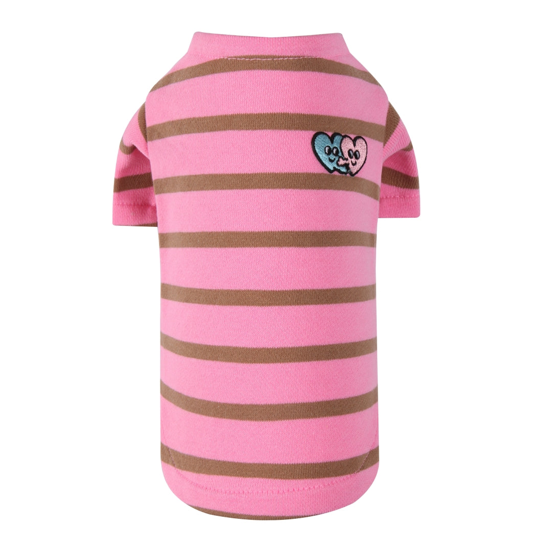 Stripe T Shirt with Hearts Emblem - Pink